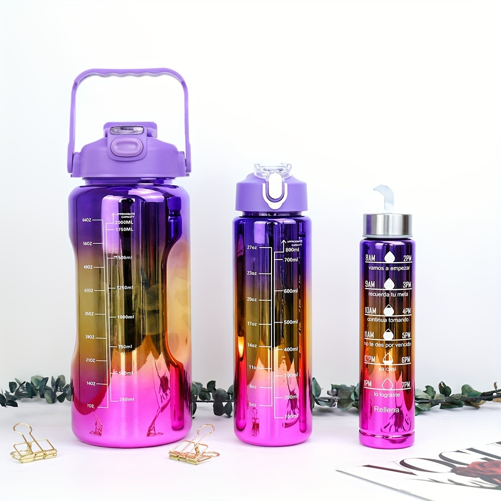 Electroplated Sports Water Bottle Set 3-Pack 64oz 27oz 15oz | Leak-Proof Gradient Bottles with Straw & Time Marker for Gym Office School