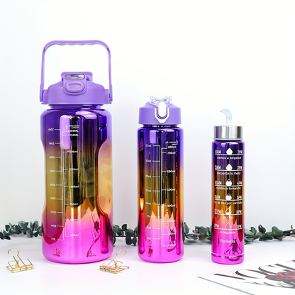 Electroplated Sports Water Bottle Set 3-Pack 64oz 27oz 15oz | Leak-Proof Gradient Bottles with Straw & Time Marker for Gym Office School