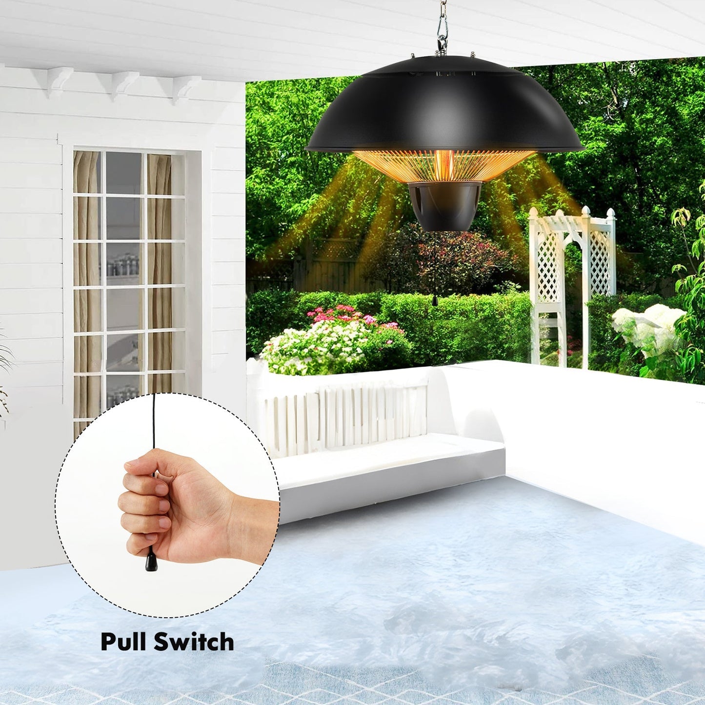 Hanging Patio Heater 1500W Electric Ceiling Mounted Heater with Halogen Tubes, 360° Coverage, Adjustable 23" Chain