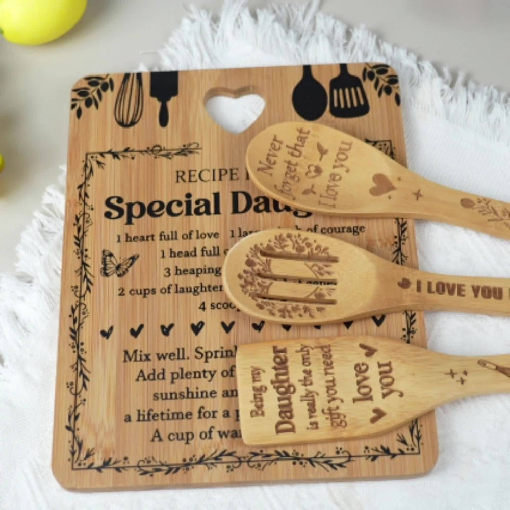Engraved Bamboo Cutting Board Gift Set for Daughter, Recipe for a Special Daughter Kitchen Utensil Set