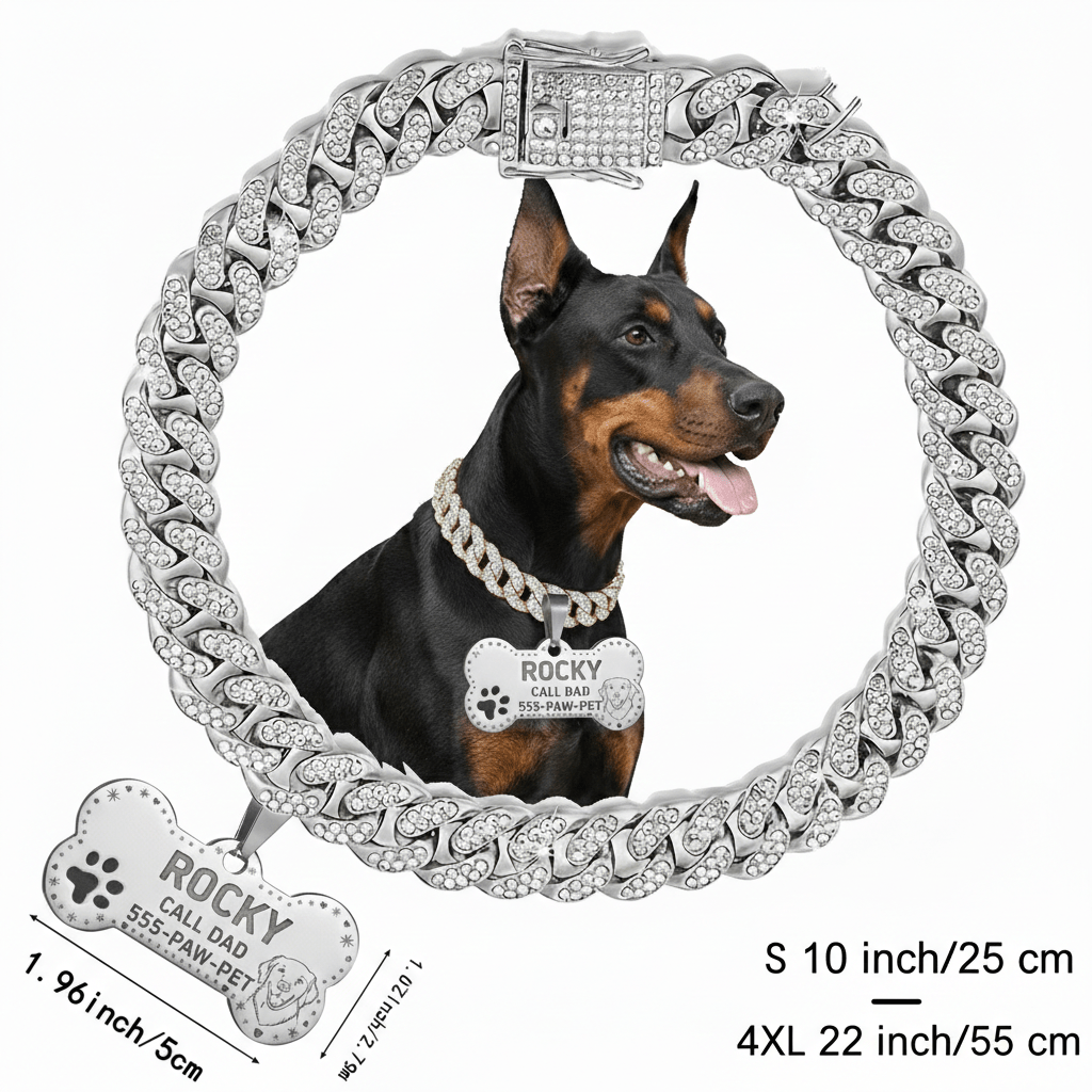Personalized Cuban Chain Dog Collar with Engravable Bone ID Tag in Three Finishes and Sizes S to 4XL
