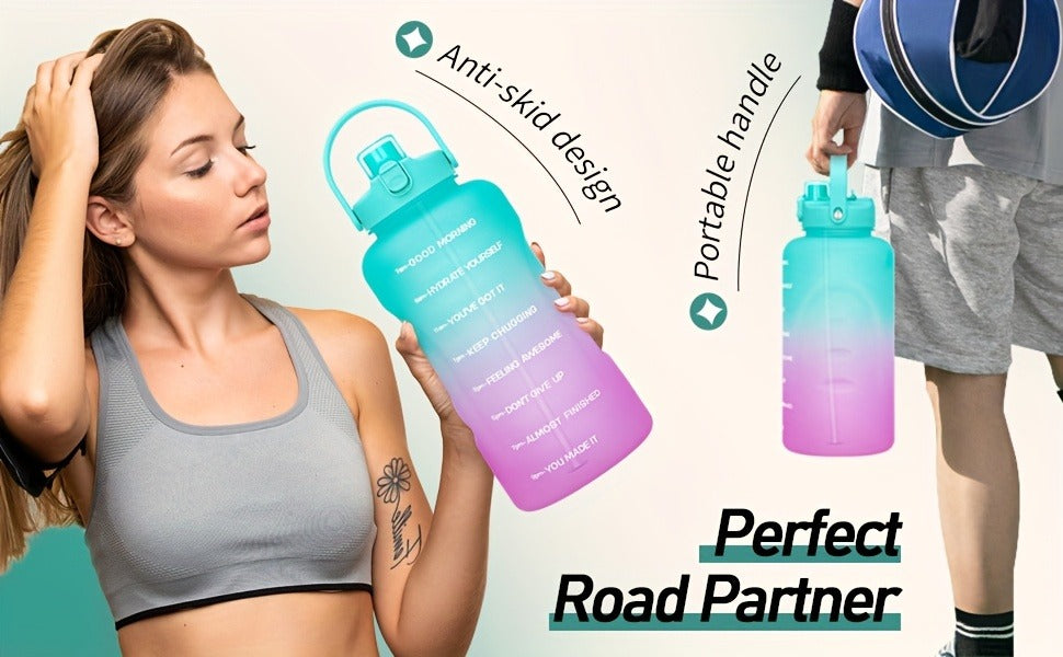 128oz Water Bottle Jug with Time Markers, Handled Flip-Top Straw Lid and Seven Color Treatments