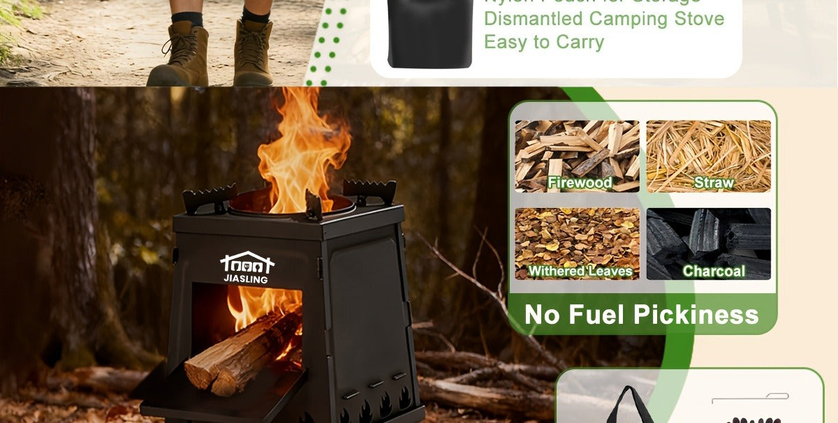 Camping Wood Stove Portable Wood Burning Stove – Outdoor BBQ Rocket Stove for Hiking Picnic Survival Cooking