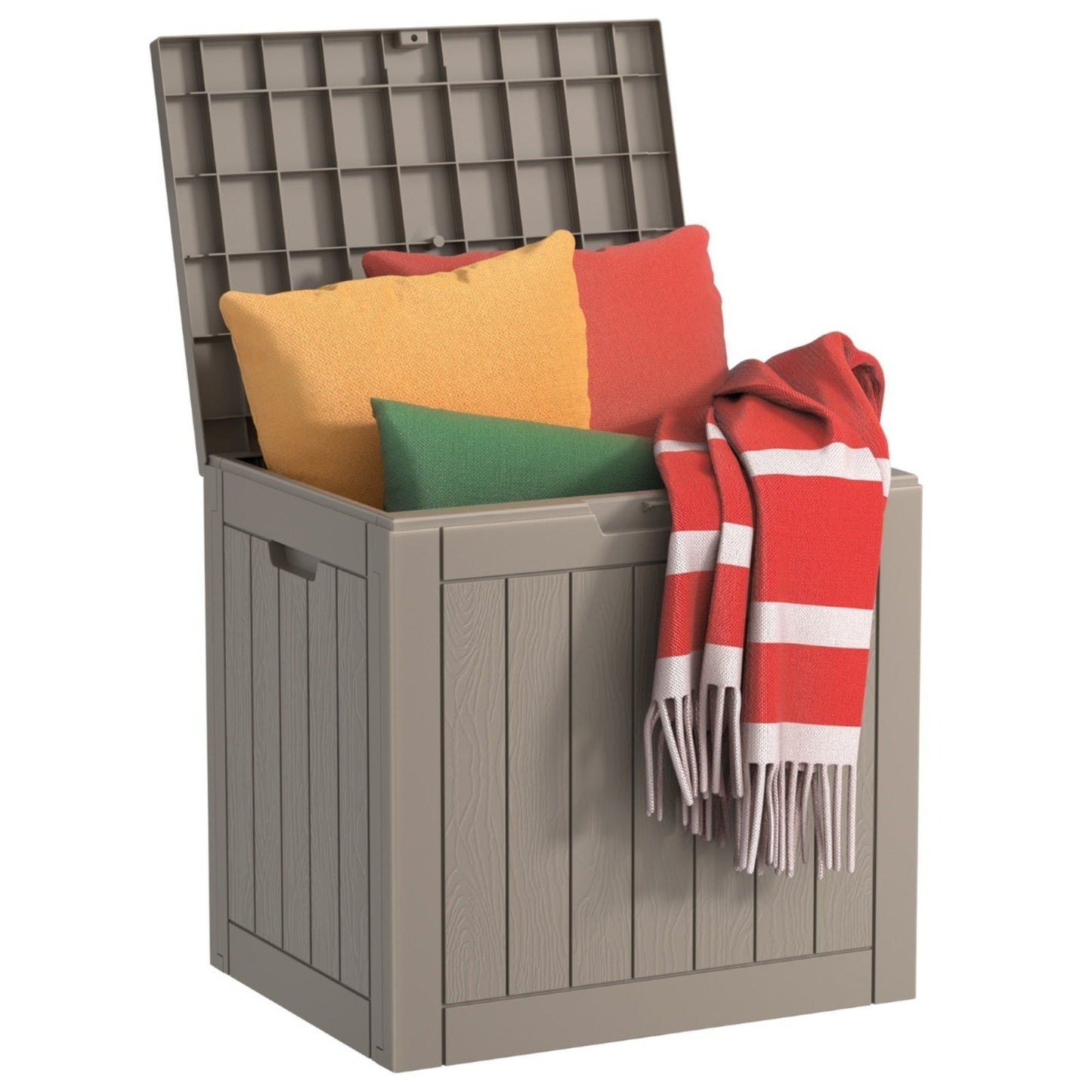Outdoor Resin-Style Deck Box in 35- or 45-Gallon Sizes with Lockable Lid, Side Handles and Two Colors