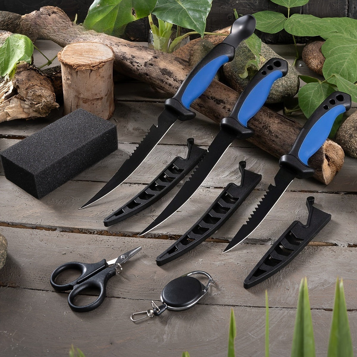 Fishing Knife Set 3-Piece Stainless Steel Fillet Boning Knife with Cut Resistant Gloves Fishing Line Cutter Stretch Rope for Fishing Camping