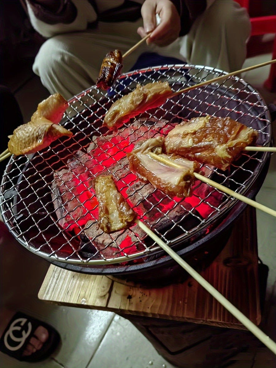 10.6-Inch Round Charcoal Grill Set with Cast-Iron Body, Cooking Grid, Wooden Base and Tongs