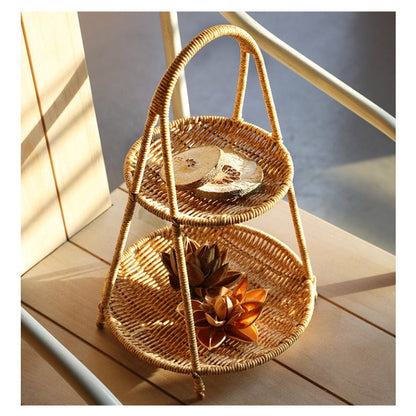 Round Tiered Serving Tray with Woven-Look Frame in Single- or Two-Layer Light Coffee Configurations