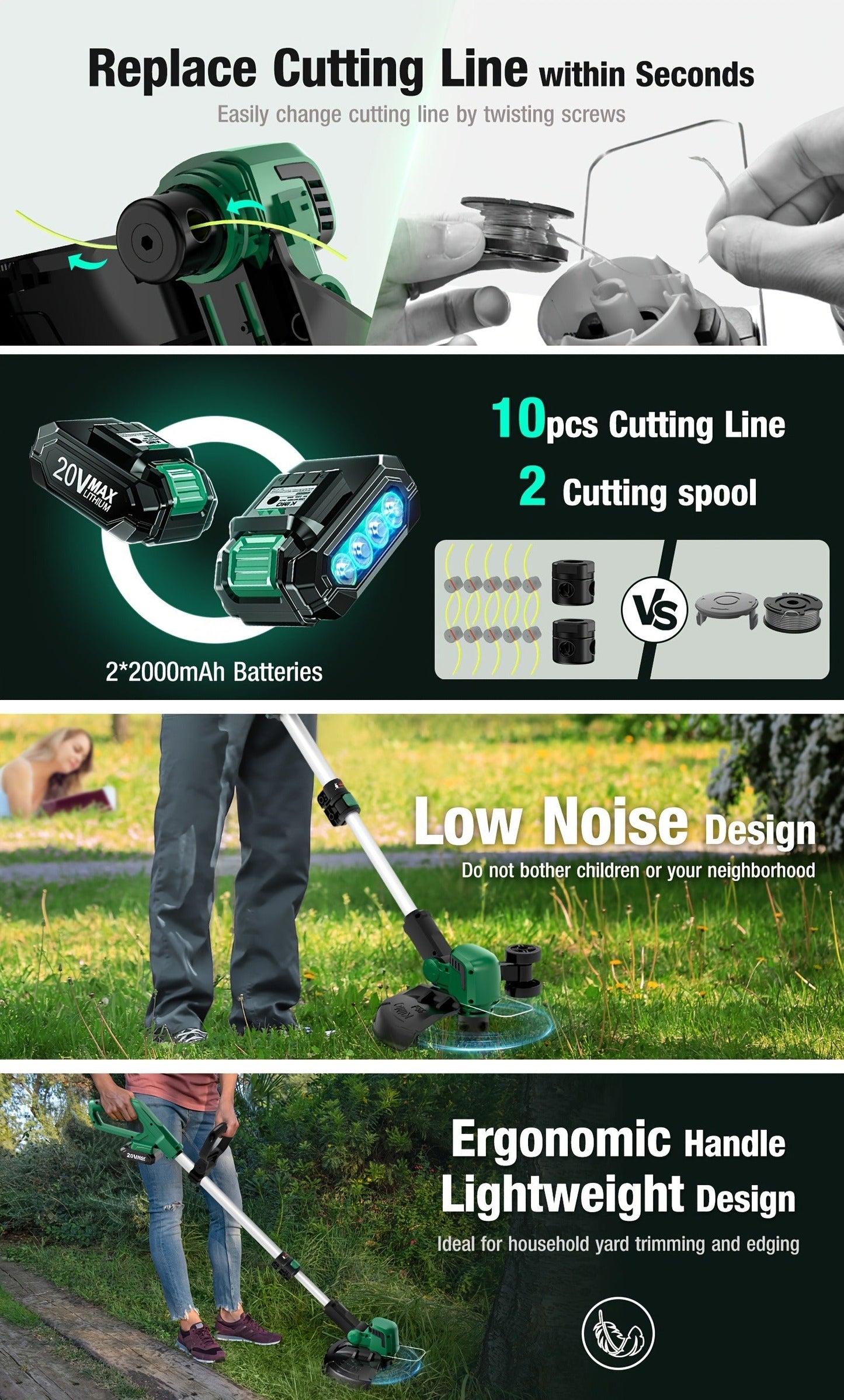 String Trimmer Cordless 2-in-1 Weed Wacker & Lawn Edger with Wheels, KIMO Brushless Motor 20000 RPM