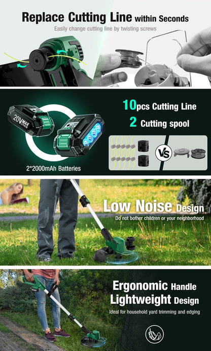 String Trimmer Cordless 2-in-1 Weed Wacker & Lawn Edger with Wheels, KIMO Brushless Motor 20000 RPM