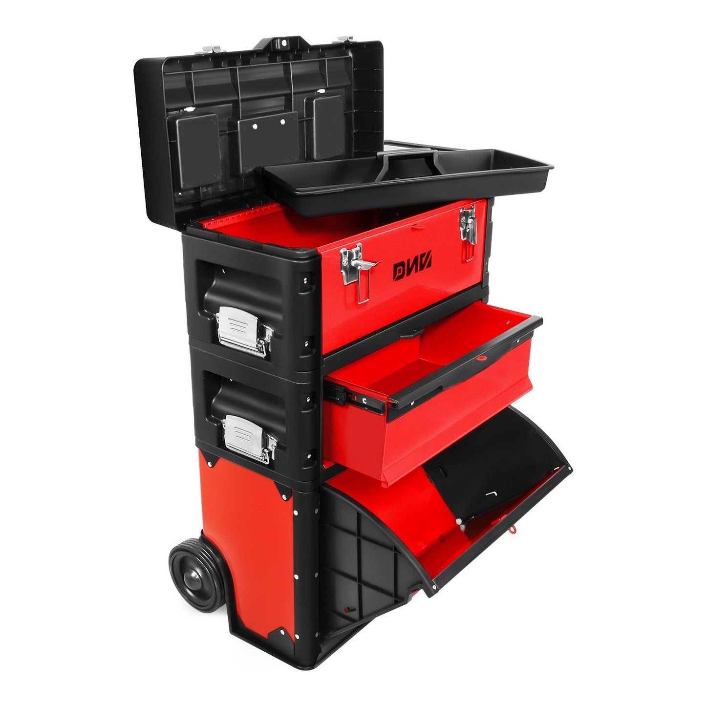 Rolling Tool Box 3-Tier Stackable Portable Toolbox with Wheels 19.5x12x28.5 Inch Steel PP 3-in-1 Detachable Compartments Metal Latches