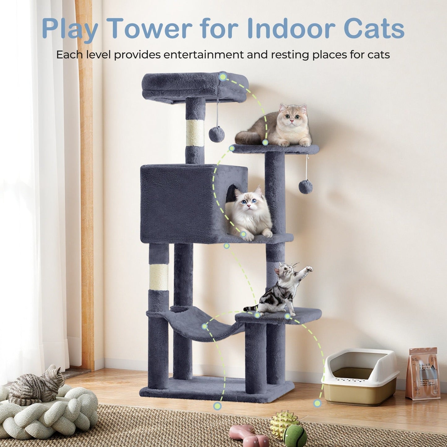 Multi-Level 44in Cat Tower with Enclosed Condo, Hammock, Round Platforms and Sisal-Wrapped Posts