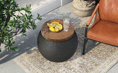 Outdoor Side Table 17-Inch Concrete Design with Wood-Look Top in Black, Hourglass and Compact Options