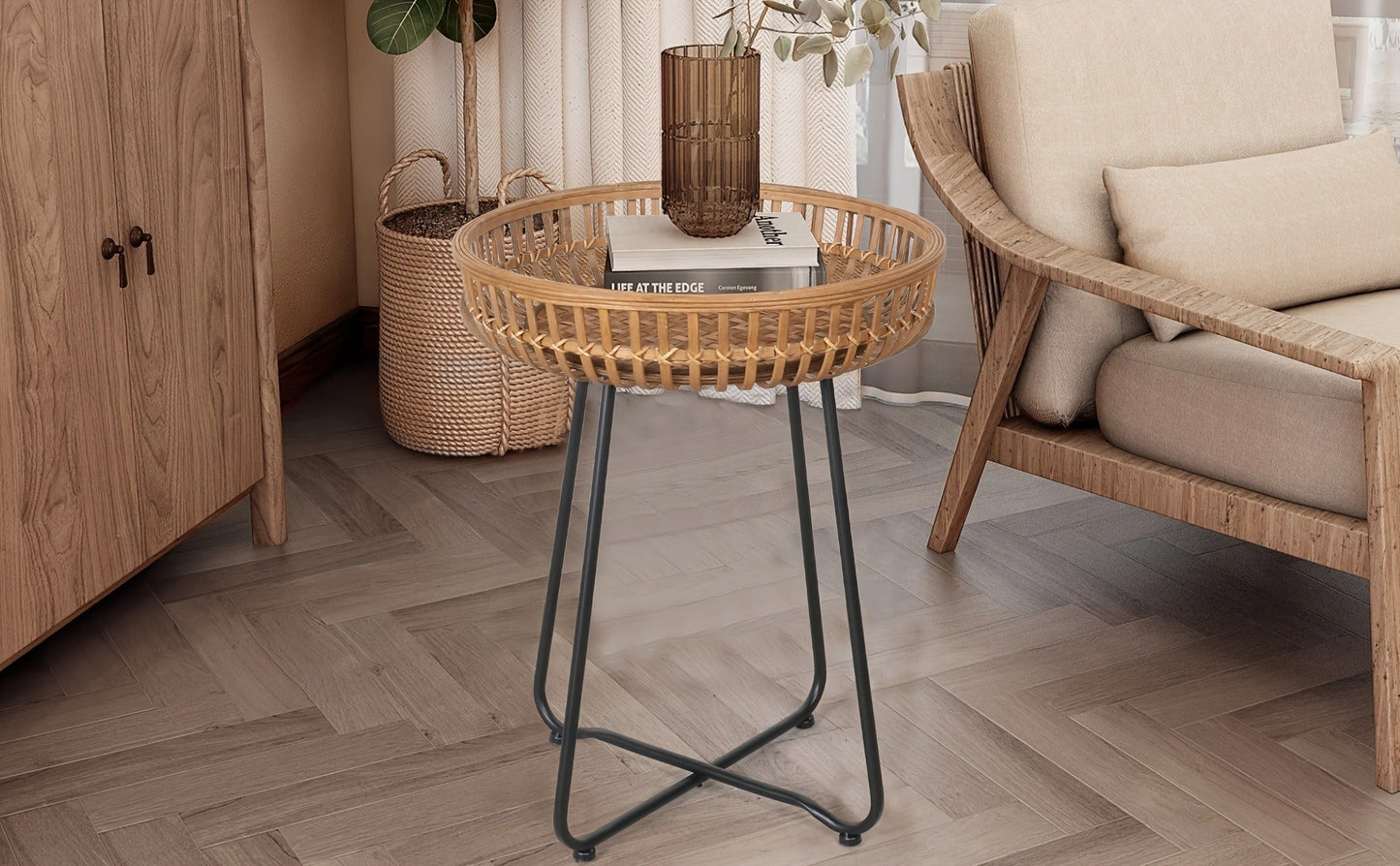 Side Table Rattan Collection with Bamboo-Woven Tops, Metal Bases and 18- or 20.4-Inch Options