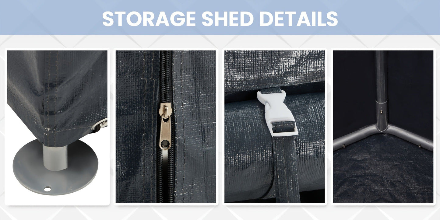 Portable PE-Tarpaulin Outdoor Storage Shelter with Steel Frame in 5 x 7.2 Ft or 6.3 x 8 Ft Sizes