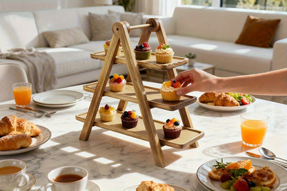 Cake Stand 3 Tier Wooden Serving Tray Farmhouse Dessert Display Cupcake Tower Bread Basket Collapsible Tiered Platter for Wedding Party