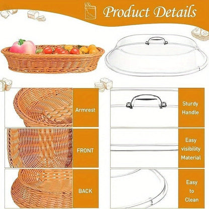 Wicker Bread Basket with Clear Acrylic Lid Rattan Storage Basket Washable Food Tray for Bread Fruit Desserts Kitchen Picnic Home Display
