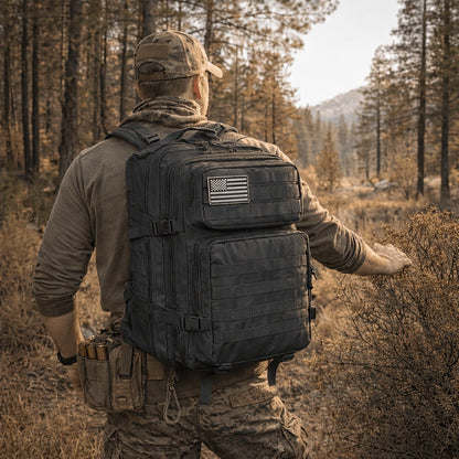 45L-Labeled Tactical Backpack with Front Utility Pockets and Black, Green, Khaki or Purple Options