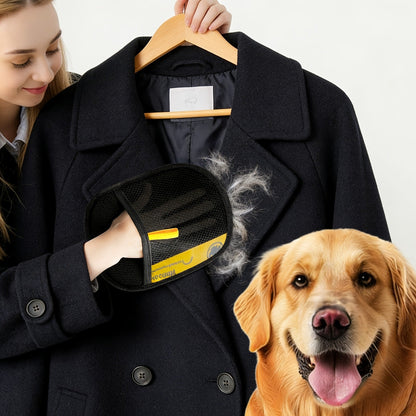Reusable Fabric Pet Hair Removal Mitt Set with Four Black Mitts and Yellow Hand Straps for Upholstery