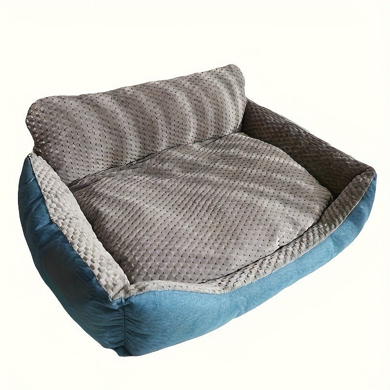 Blue-Gray Dog Bed Couch with Raised Back and Side Bolsters in Four Sizes, Plus One Random Cat Teaser