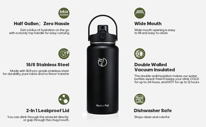 40oz HydroPal Water Bottle with Separate Straw and Chug Lids, Two Straws and 12 Color or Pattern Options