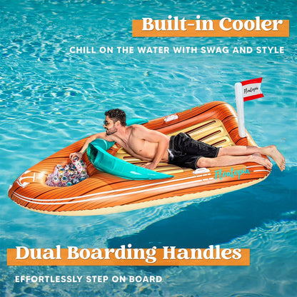 Pool Float Boat-Shaped Two-Person Raft, Over Eight Feet with Built-In Cooler, Two Handles and Tow Point