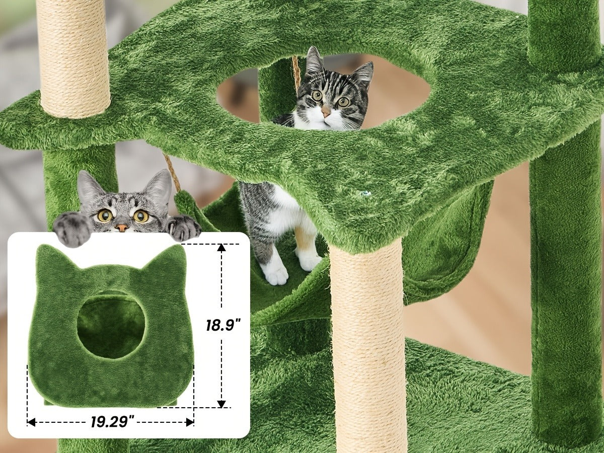 Cat Tree 55" Large Multi-Level Cat Tower for Indoor Cats with Green Leaves, Hammock, Sisal Scratching Posts & Hanging Ball Toy