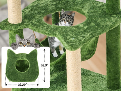 Cat Tree 55" Large Multi-Level Cat Tower for Indoor Cats with Green Leaves, Hammock, Sisal Scratching Posts & Hanging Ball Toy