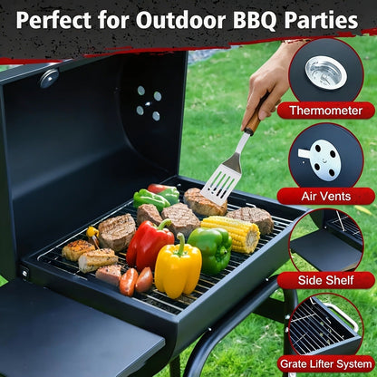 Barrel Charcoal Grill with Offset Smoker, Wheeled Cart, Side Firebox and Two Black Configuration Options
