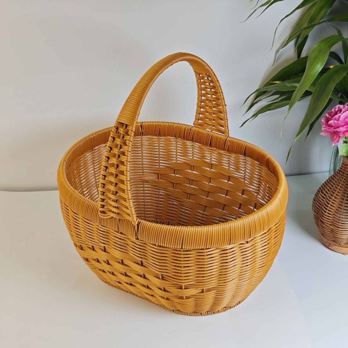 Rattan Basket Woven Shopping Basket with Handle – Extra Large Handcrafted Picnic Basket for Fruits, Eggs, Vegetables