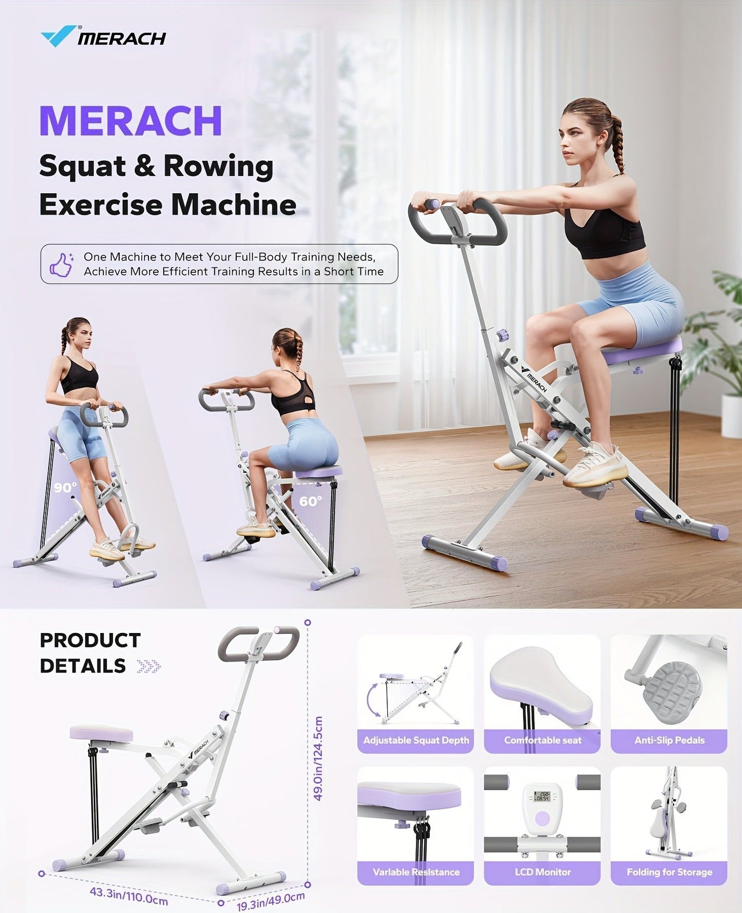 Rowing Machine 2-in-1 Squat & Row – Foldable Glute Trainer with LCD Display, 3 Resistance Bands, 350 lbs Capacity