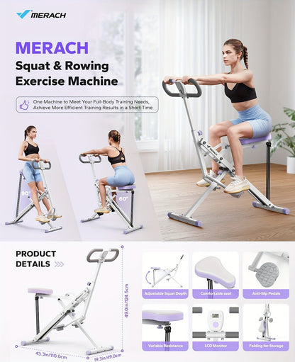 Rowing Machine 2-in-1 Squat & Row – Foldable Glute Trainer with LCD Display, 3 Resistance Bands, 350 lbs Capacity
