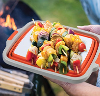 Collapsible Three-in-One BBQ Prep Tub with Cutting Board, Washing Basket, Drain Plug and Locking Lid in Black