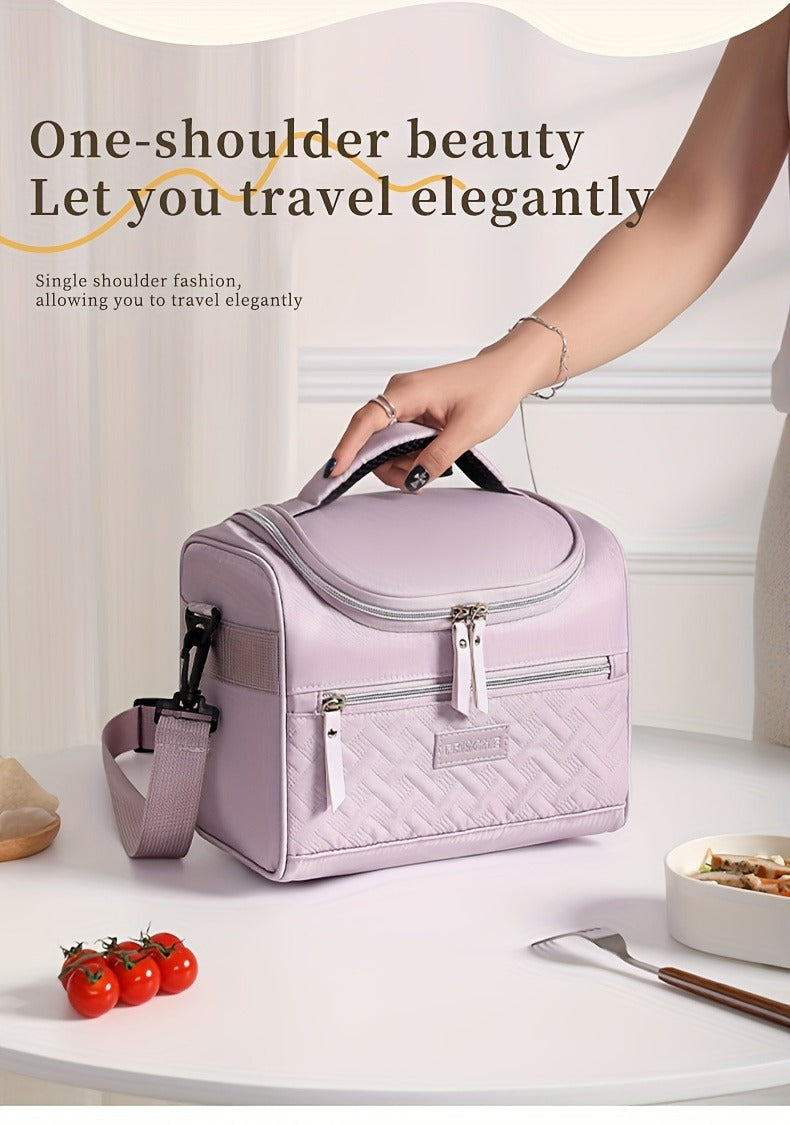 Quilted Lunch Bag Tote with Dual Zippers, Front and Side Pockets, Shoulder Strap and Four Colors
