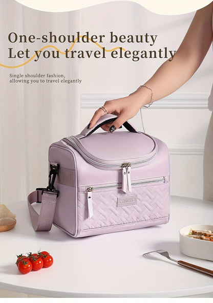 Quilted Lunch Bag Tote with Dual Zippers, Front and Side Pockets, Shoulder Strap and Four Colors
