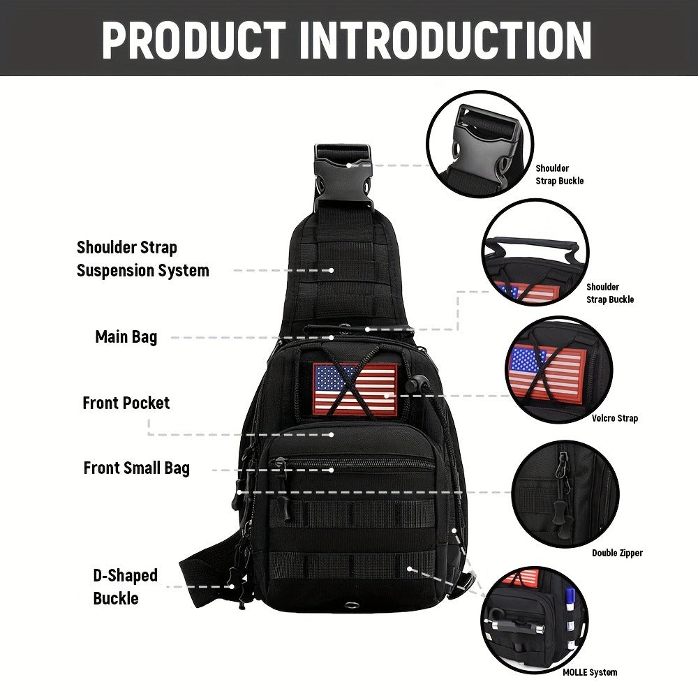Compact Tactical Sling Backpack with Flag-Patch and Camo Options across Six Complete Checkout Styles