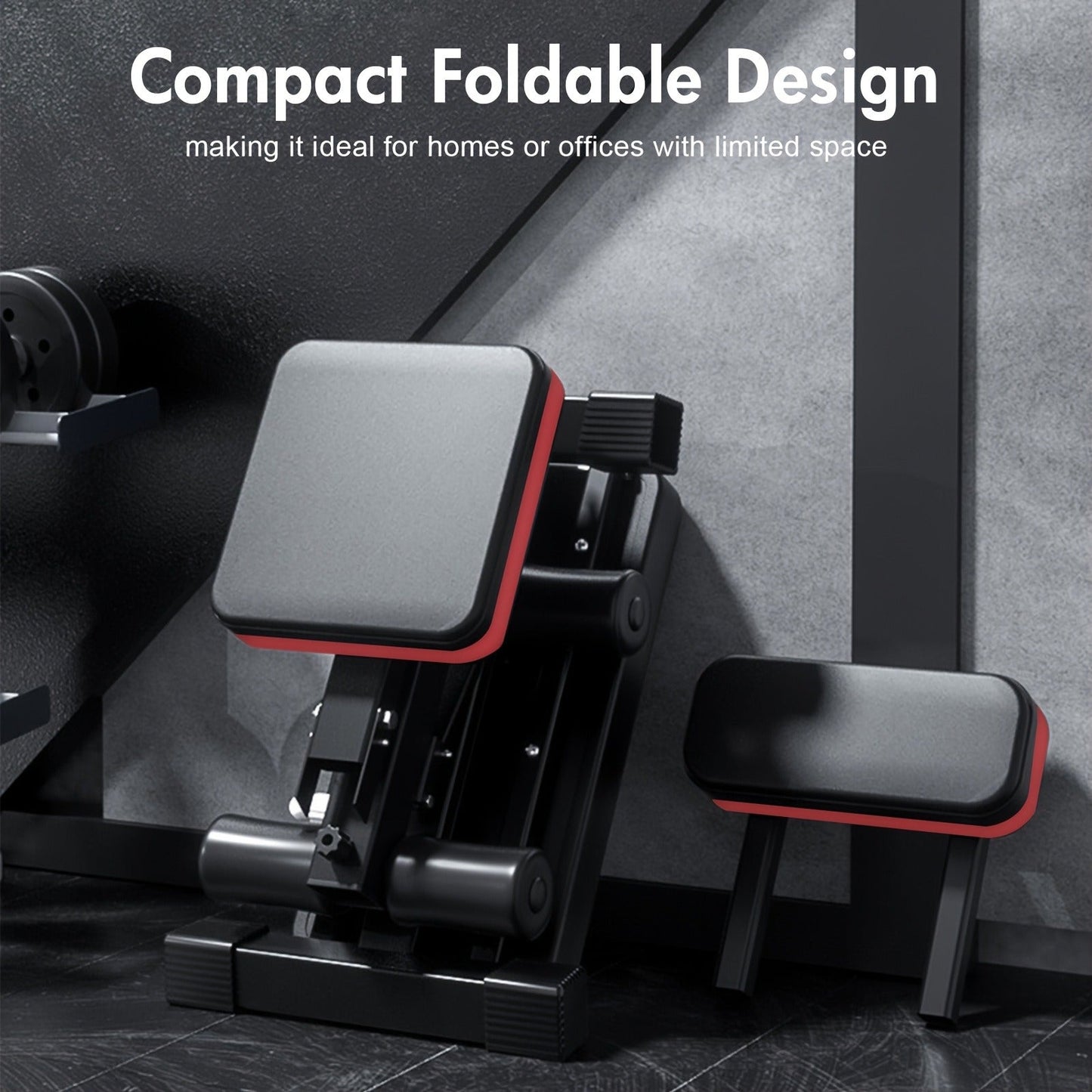 Foldable Adjustable Workout Bench with Black-and-Red Padding, Preacher Curl Pad, Leg Rollers and Resistance Bands