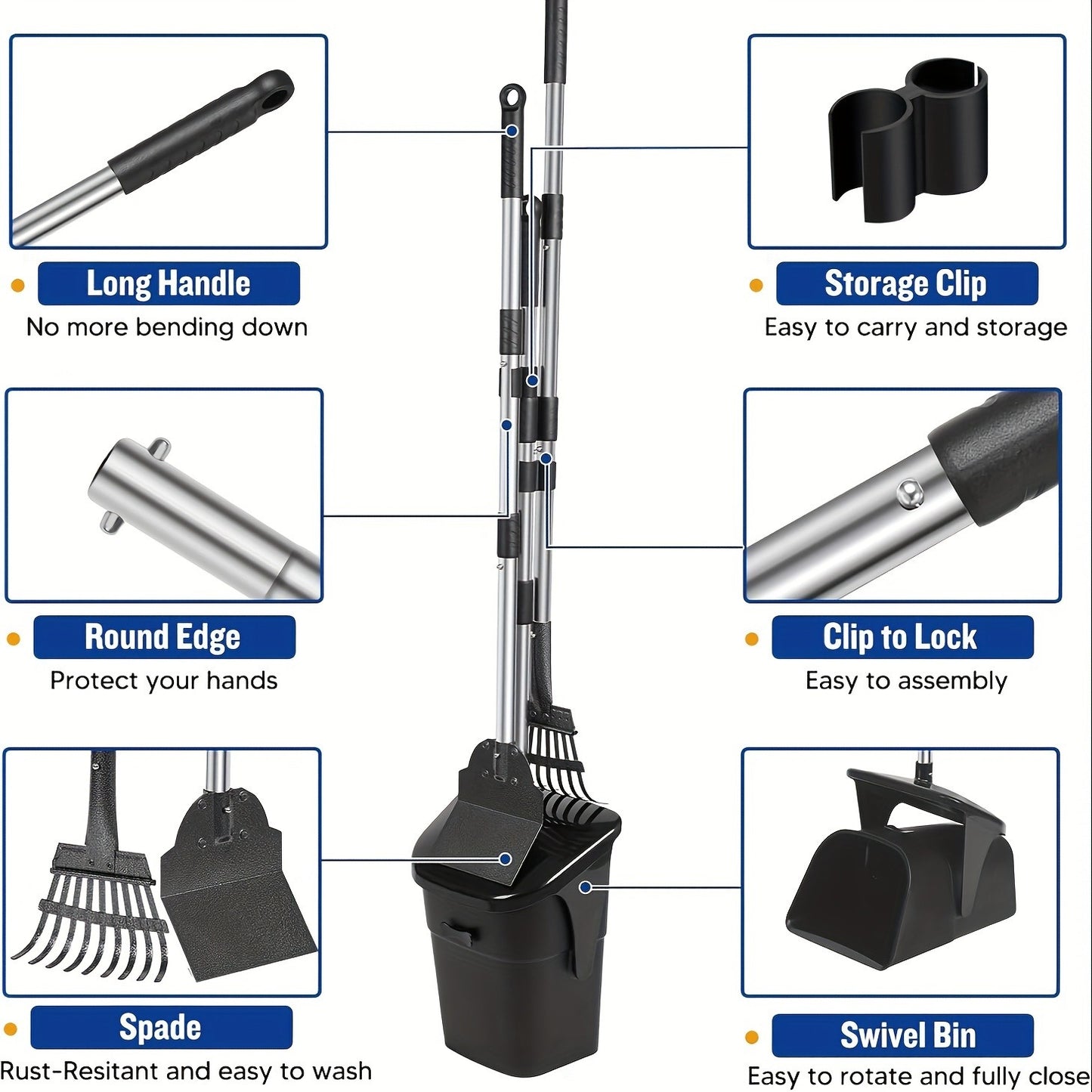 Dog Pooper Scooper with Long Handle & Swivel Bin – Heavy Duty Rake Spade Set, 40 Waste Bags Included, Pet Waste Removal for Yard Grass