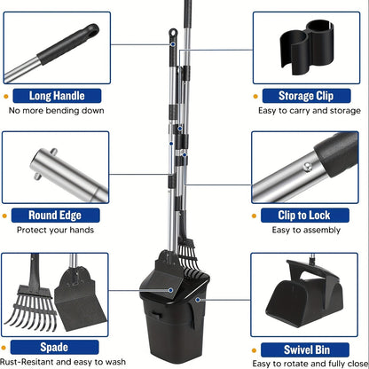 Dog Pooper Scooper with Long Handle & Swivel Bin – Heavy Duty Rake Spade Set, 40 Waste Bags Included, Pet Waste Removal for Yard Grass