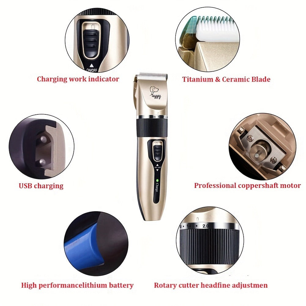 Pet Hair Clipper Kit, Furry 12-in-1 USB-Rechargeable Trimmer with Adjustable Blade and Five Guide Combs