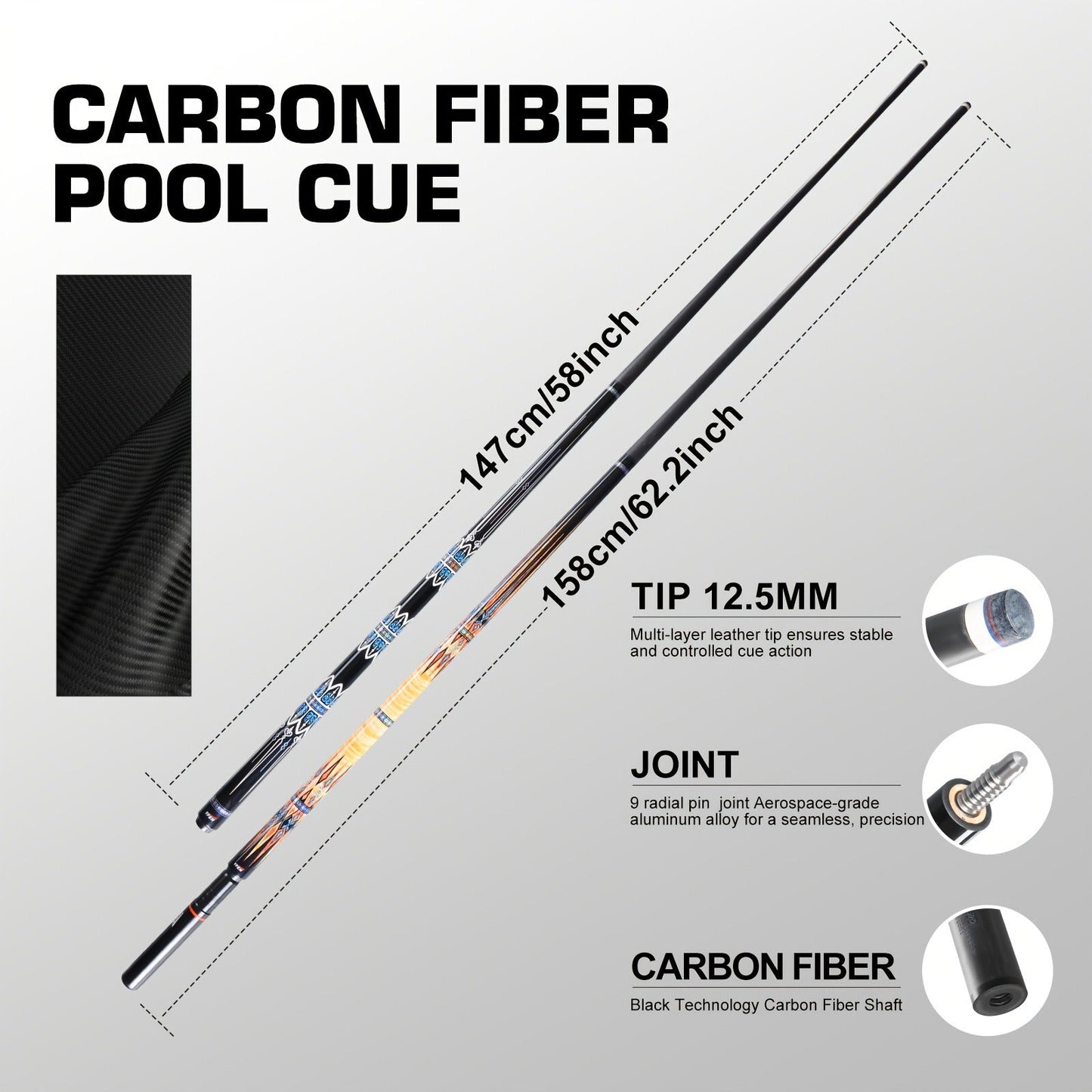 Carbon Fiber Pool Cue Stick Low Deflection Billiard Cue with 11.8mm 12.5mm Tip Pro-Taper Shaft Canadian Maple Butt Extension Compatible