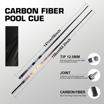 Carbon Fiber Pool Cue Stick Low Deflection Billiard Cue with 11.8mm 12.5mm Tip Pro-Taper Shaft Canadian Maple Butt Extension Compatible