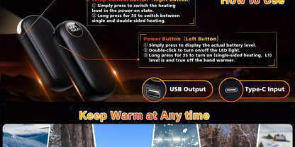 Rechargeable Hand Warmers 2 Pack – Dual-Sided Electric Pocket Heater with Power Bank & LED Light, 36Hrs Warmth, 4 Heat Levels