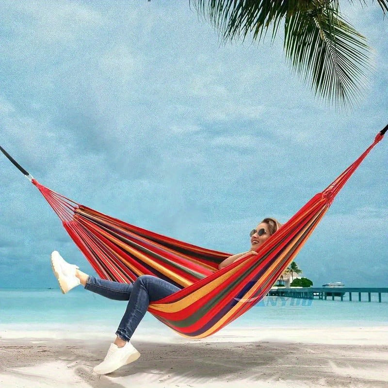 Striped Outdoor Hammock, 94.49 x 31.5 Inches with Two Ropes, Carry Bag and 330 lb Load-Limit Marking