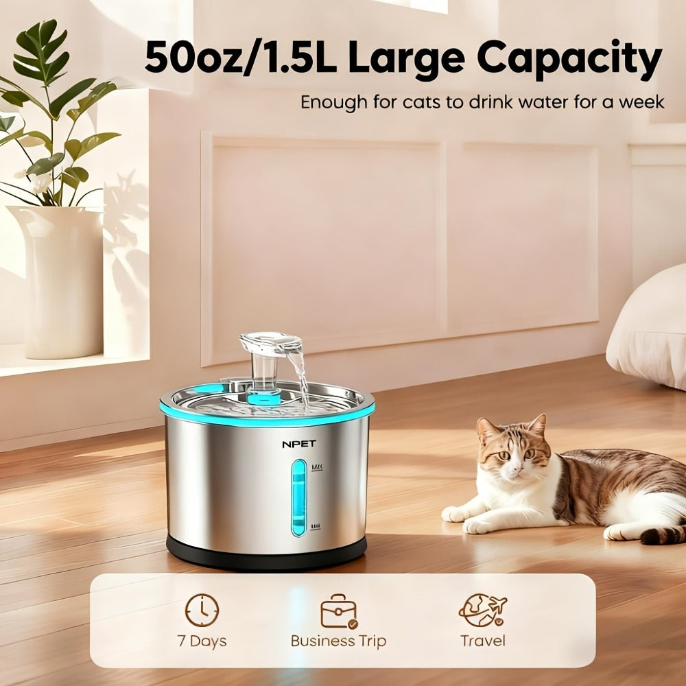 Cat Water Fountain Stainless Steel 50oz/1.5L – Ultra Quiet Auto Pet Water Dispenser with LED Light, Visible Window & Dishwasher Safe