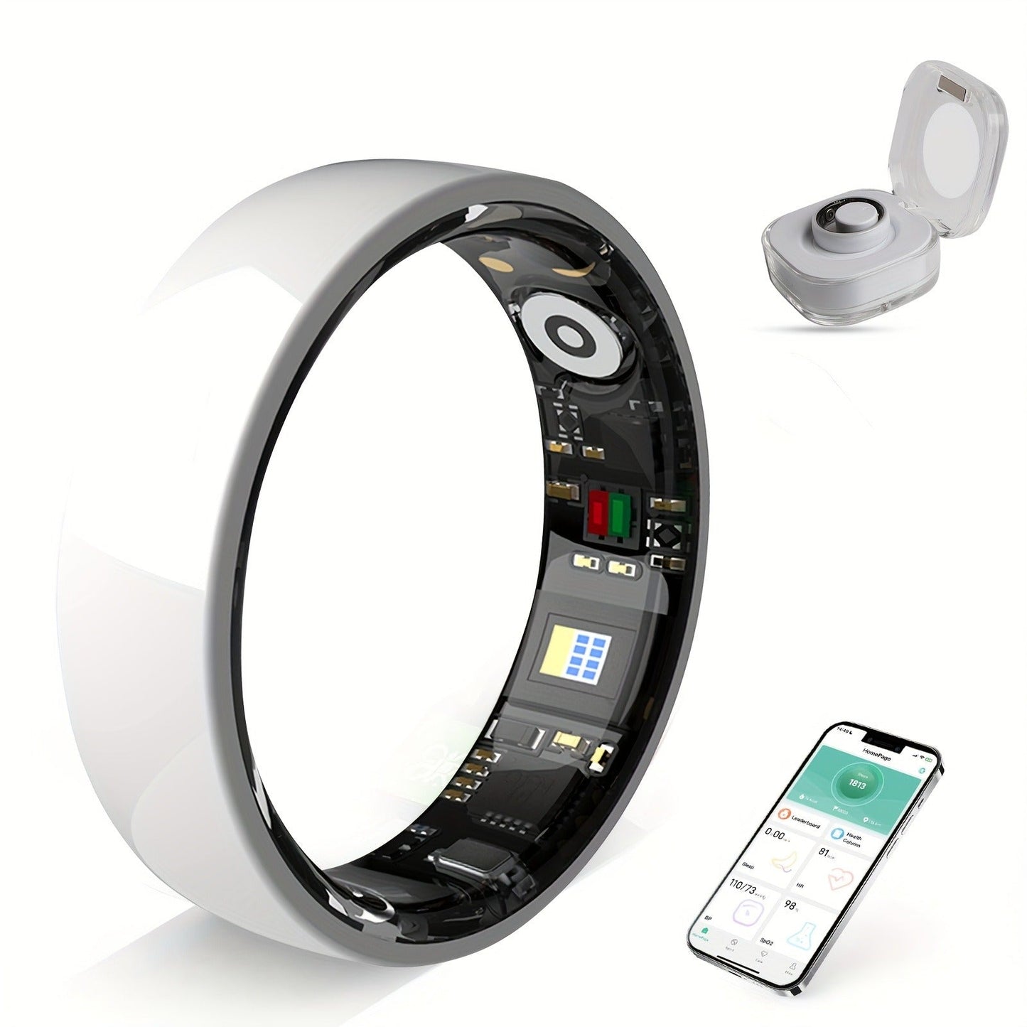 N-Style Smart Ring with Screenless Sensor Design, Charging Case, Black, Pink or White Finish and Sizes 7–13