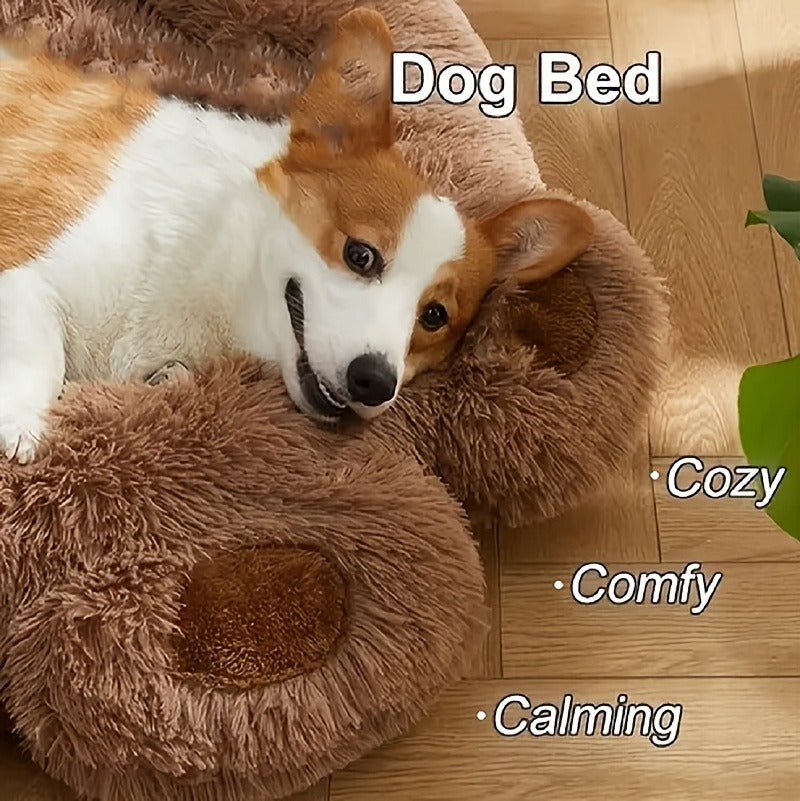 Dog Bed & Cat Bed Plush Bear Paw Print – Soft Warm Pet Bed for Small Medium Large Dogs, Thickened Long Plush, No Assembly