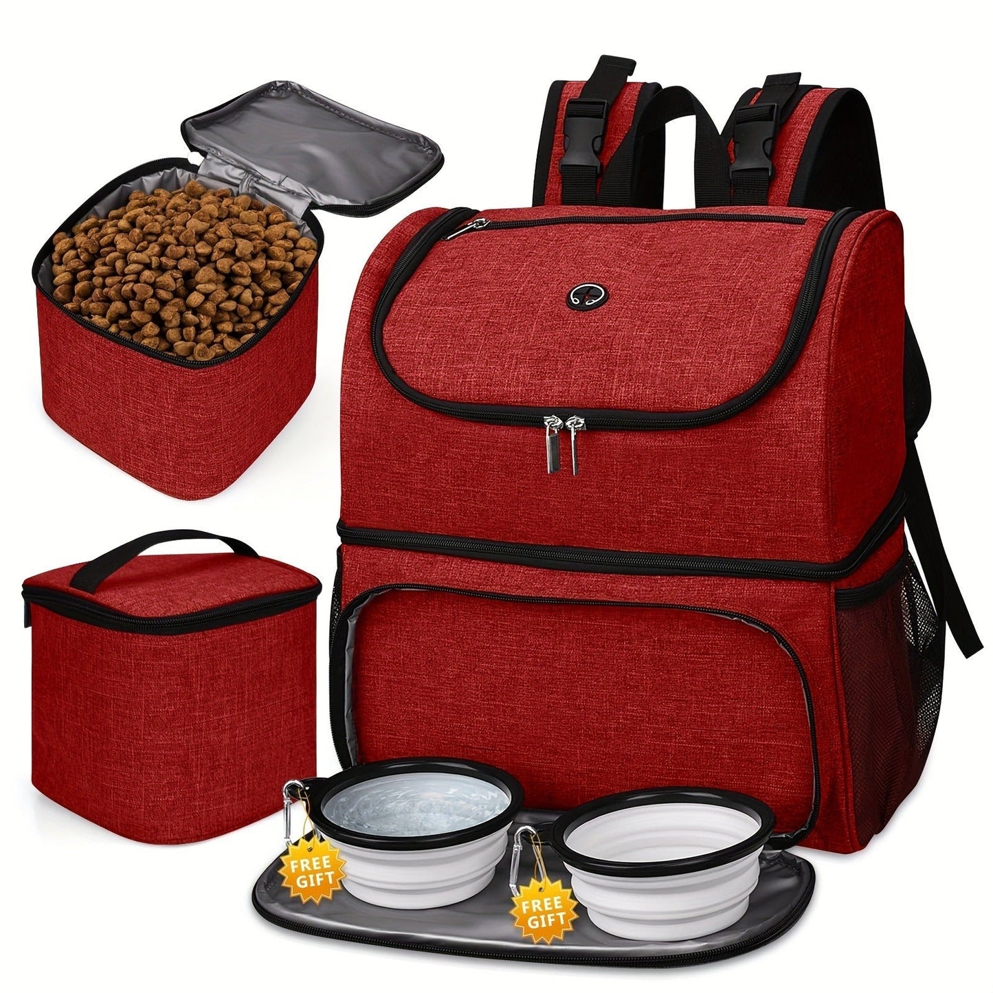 Pet Travel Backpack Double Layer Dog Cat Supplies Bag with 2 Collapsible Bowls 2 Food Baskets Portable Organizer for Outdoor Hiking Camping