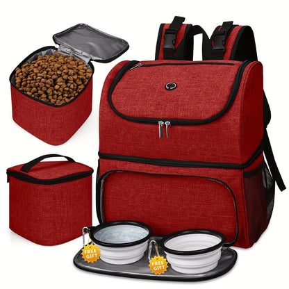 Pet Travel Backpack Double Layer Dog Cat Supplies Bag with 2 Collapsible Bowls 2 Food Baskets Portable Organizer for Outdoor Hiking Camping