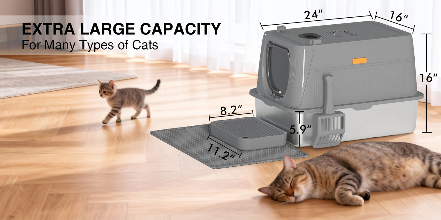 Extra Large Enclosed Cat Litter Box – Stainless Steel with Front Flap Door, Foldable Anti-Splash Fully Covered Design