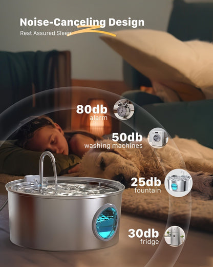Stainless Steel Pet Water Fountain 1.85 Gal – Smart 304 SS Large Capacity Cat Dog Automatic Water Dispenser, Silent Pump, Filter Chip